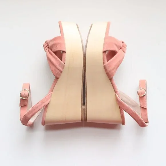 Revolve RAYE Faye Peach Suede Leather Wooden Platform Wedge Ankle Strap Sandals